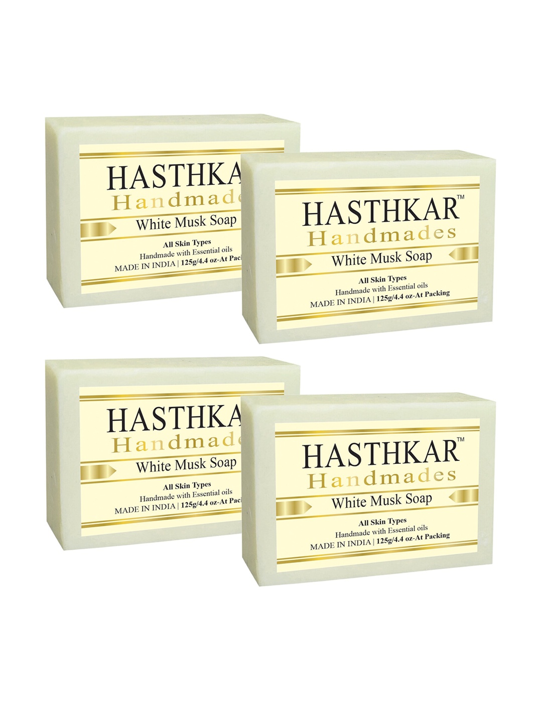 

Hasthkar Set of 4 Handmade White Musk Soap with Glycerin & Coconut Oil - 125 g Each, Off white