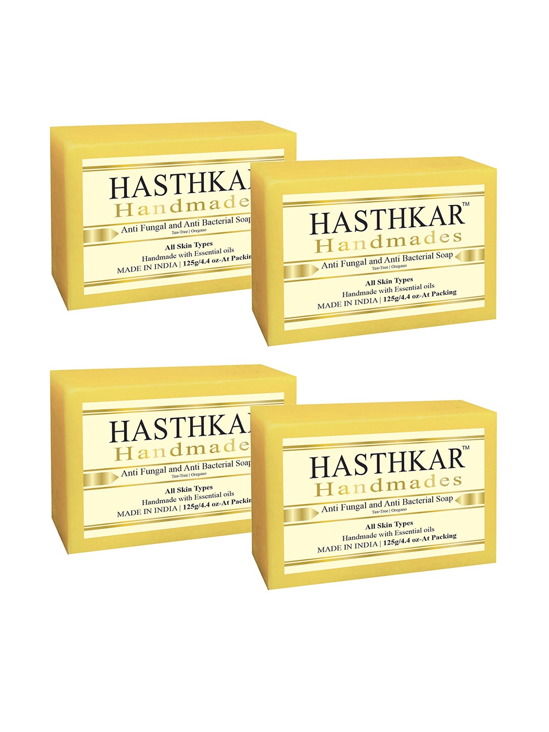 

Hasthkar Set of 4 Handmade Tea Tree & Oregano Anti-Fungal & Anti-Bacterial Soaps-125g Each, Yellow