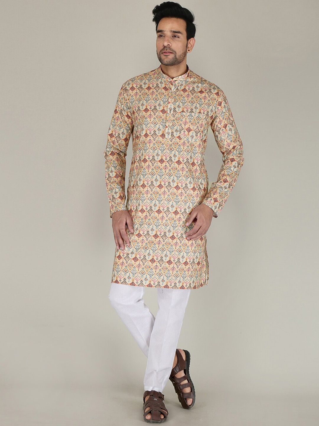 

FUBAR Men Brown Printed Angrakha Pure Cotton Kurti with Pyjamas