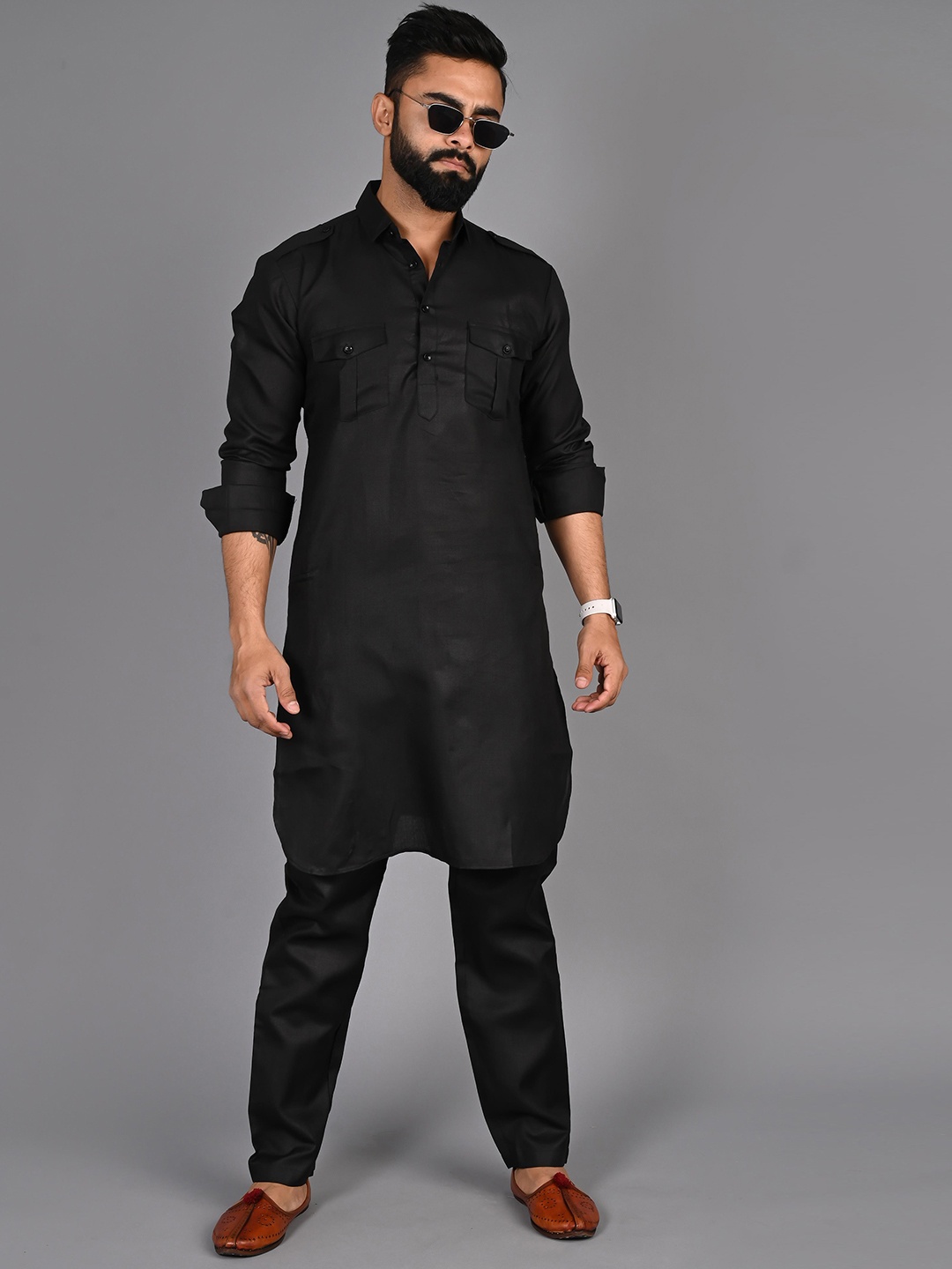

FUBAR Men Black Layered Pure Cotton Kurta with Pyjamas