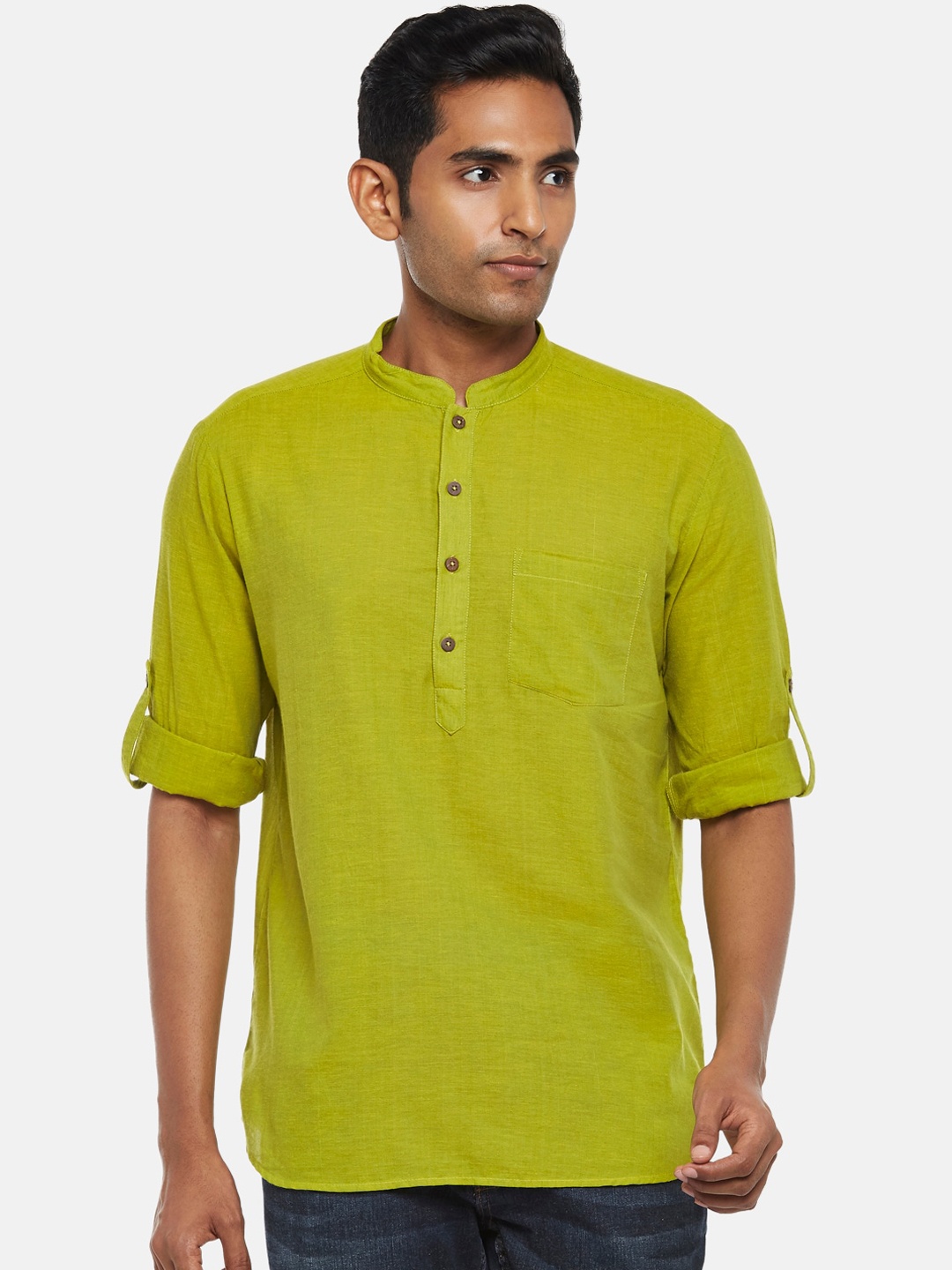 

indus route by Pantaloons Men Lime Green & acid green Patchwork Kurta