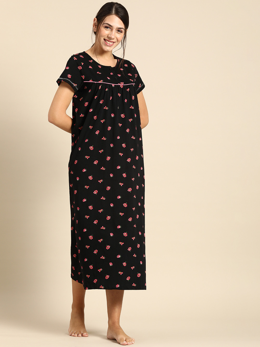 

Dreamz by Pantaloons Women Black Printed Pure Cotton Maxi Nightdress