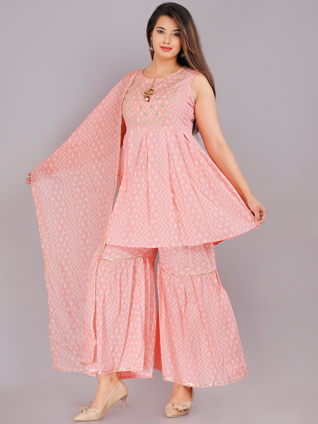 

PINGAKSH Women Pink Ethnic Motifs Embroidered Kurti with Sharara & With Dupatta