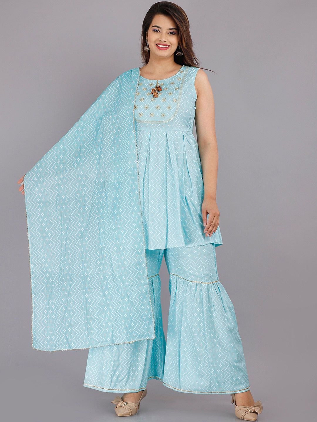 

PINGAKSH Women Blue Printed Pleated Kurti with Palazzos & With Dupatta