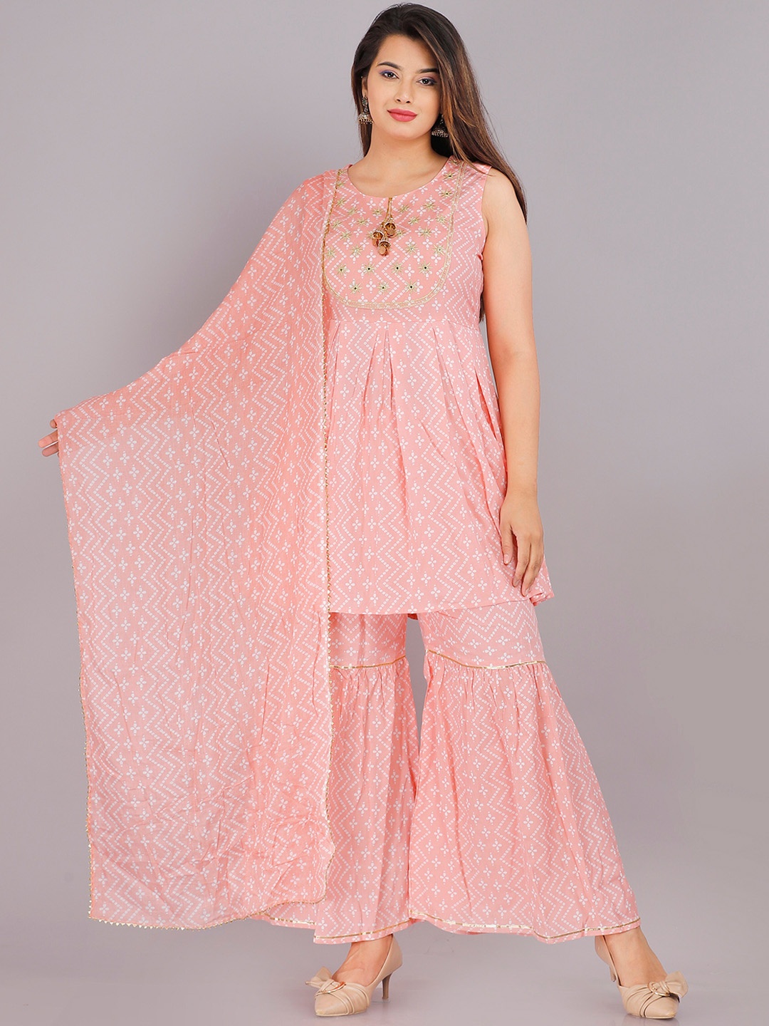 

PINGAKSH Women Pink Ethnic Motifs Embroidered Kurti with Sharara & With Dupatta