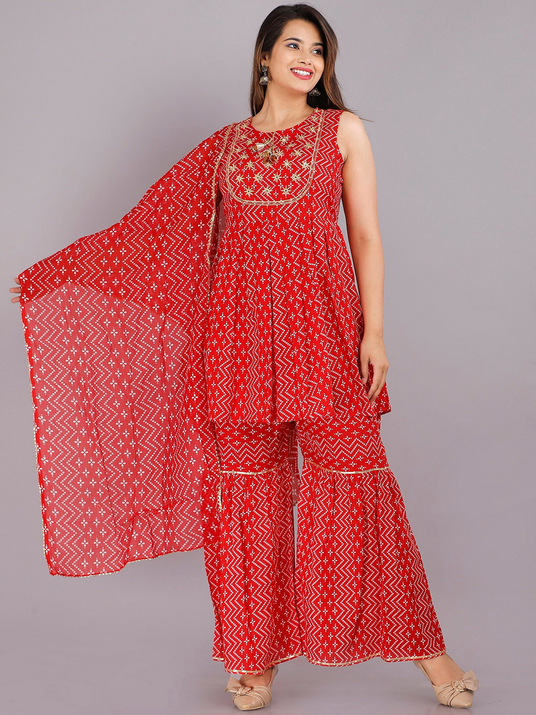 

PINGAKSH Women Red Printed Kurti with Sharara & With Dupatta