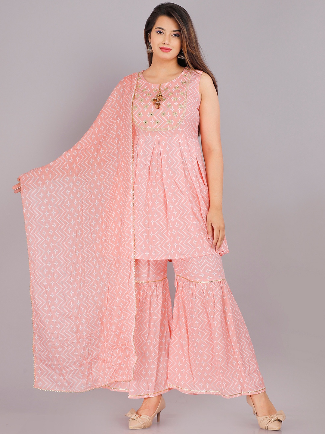 

PINGAKSH Women Pink Ethnic Motifs Embroidered Kurti with Sharara & With Dupatta