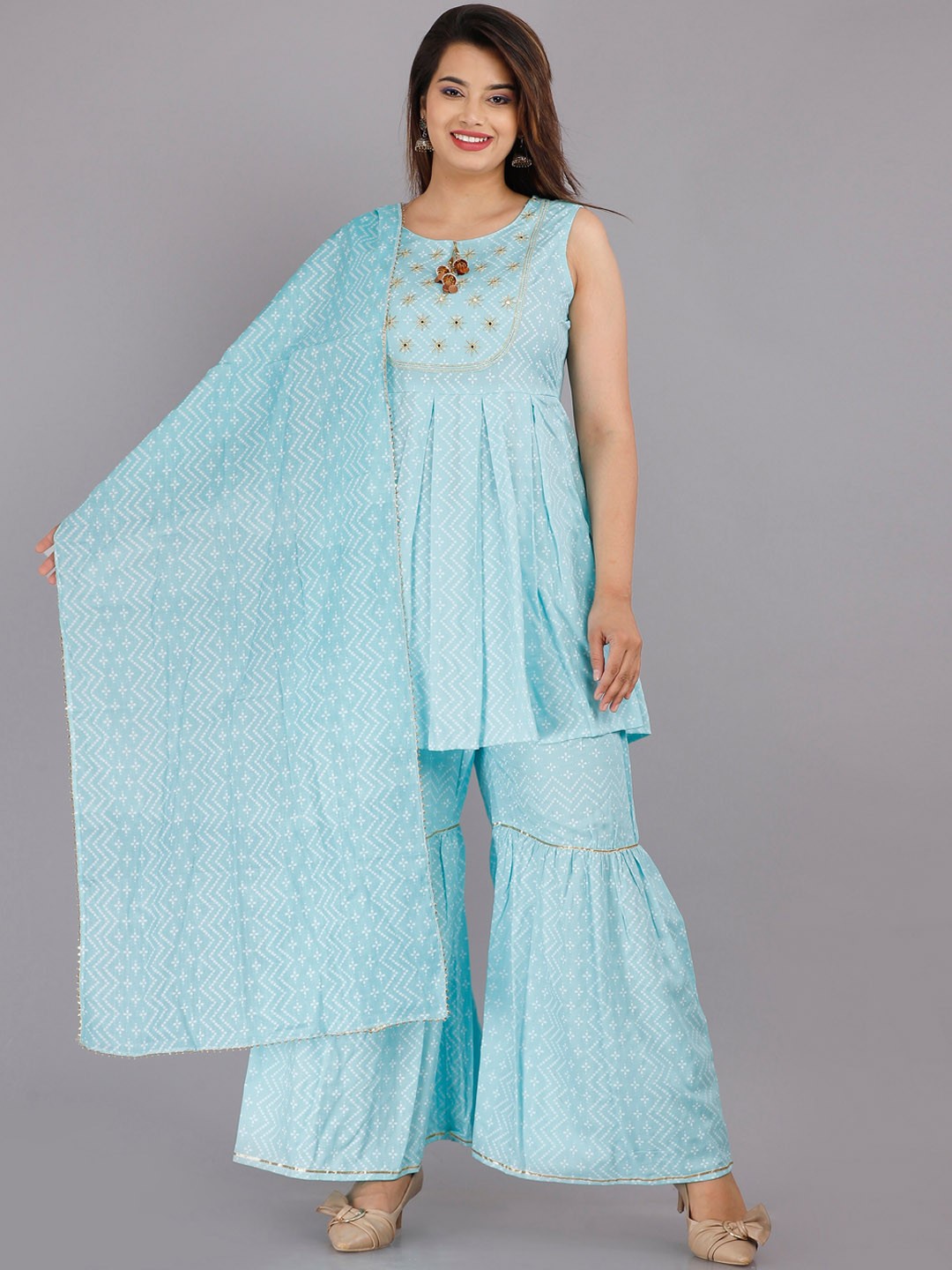 

PINGAKSH Women Blue Printed Pleated Kurti with Palazzos & With Dupatta