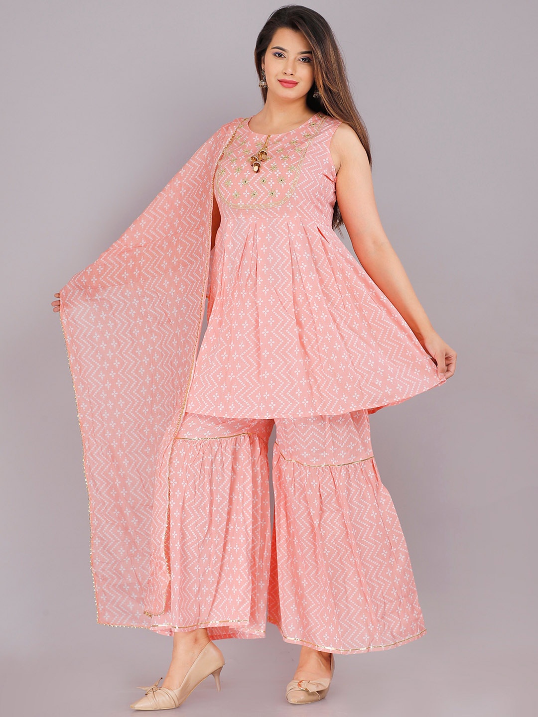 

PINGAKSH Women Pink Ethnic Motifs Embroidered Kurta with Palazzos & With Dupatta