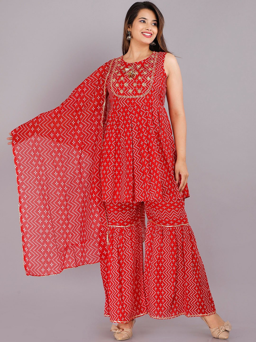 

PINGAKSH Women Red Printed Kurti with Sharara & With Dupatta