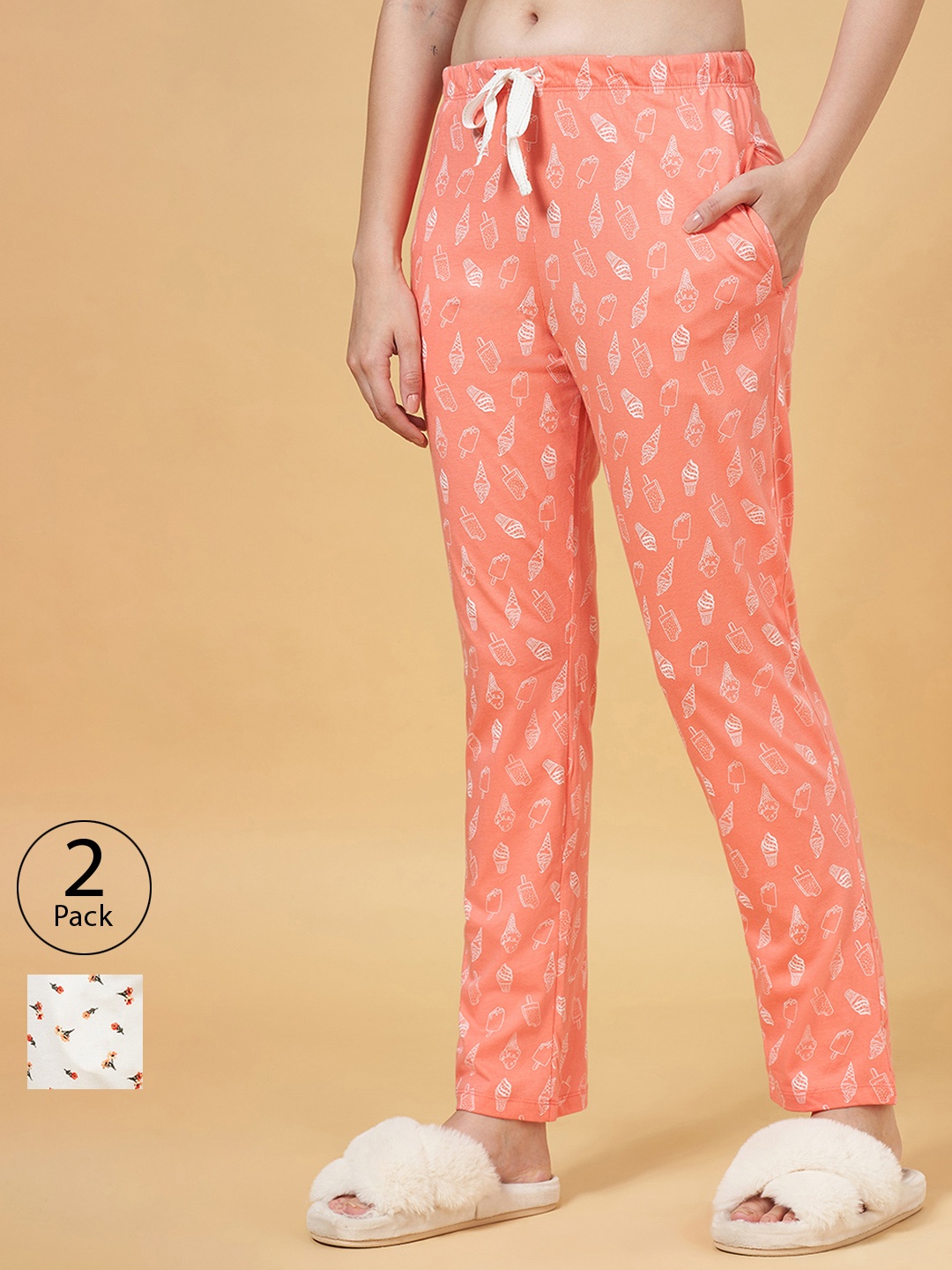 

Dreamz by Pantaloons Women Pack of 2 White & Peach Cotton Lounge Pants
