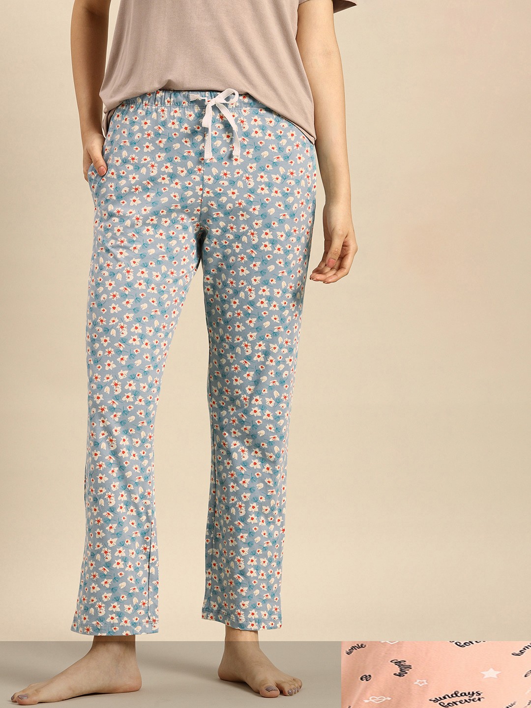 

Dreamz by Pantaloons Women Pack Of 2 Printed Pure Cotton Lounge Pants, Blue