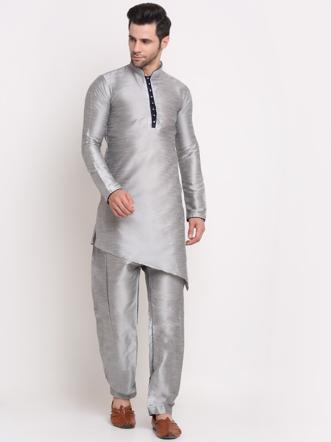

Benstoke Men Grey Dupion Silk Kurta with Trousers