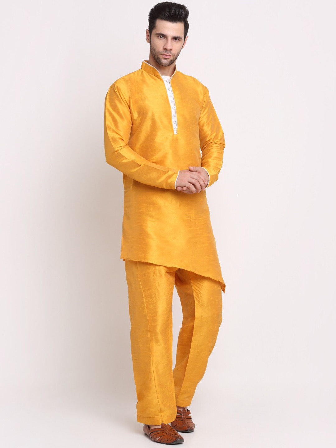 

Benstoke Men Yellow Dupion Silk Kurta with Pyjamas