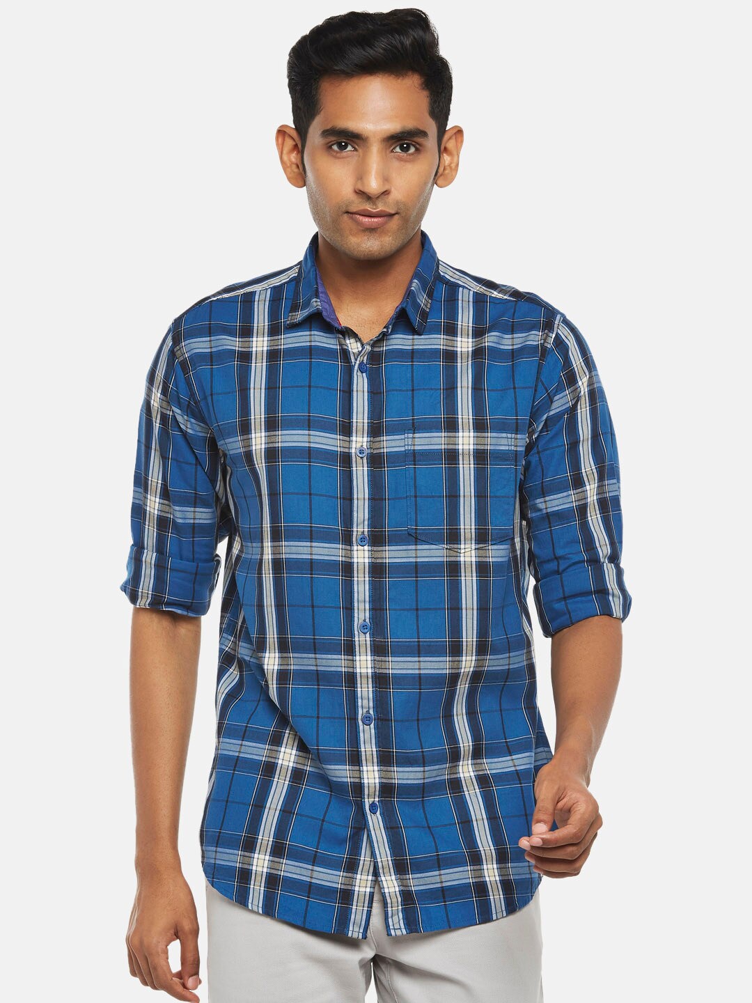 

BYFORD by Pantaloons Men Navy Blue Slim Fit Tartan Checks Checked Casual Shirt