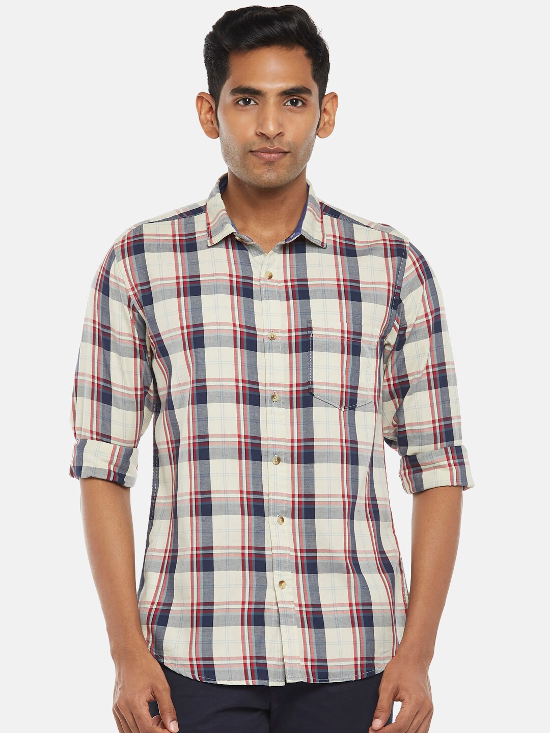 

BYFORD by Pantaloons Men Off White Slim Fit Tartan Checks Checked Casual Shirt
