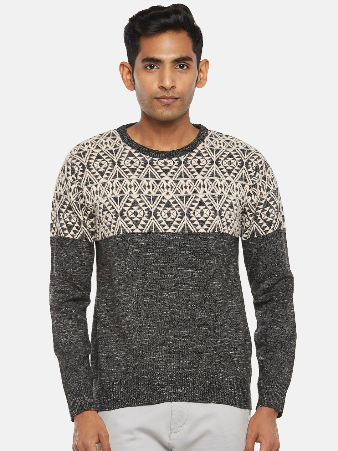 

BYFORD by Pantaloons Men Grey Melange & White Printed Pullover