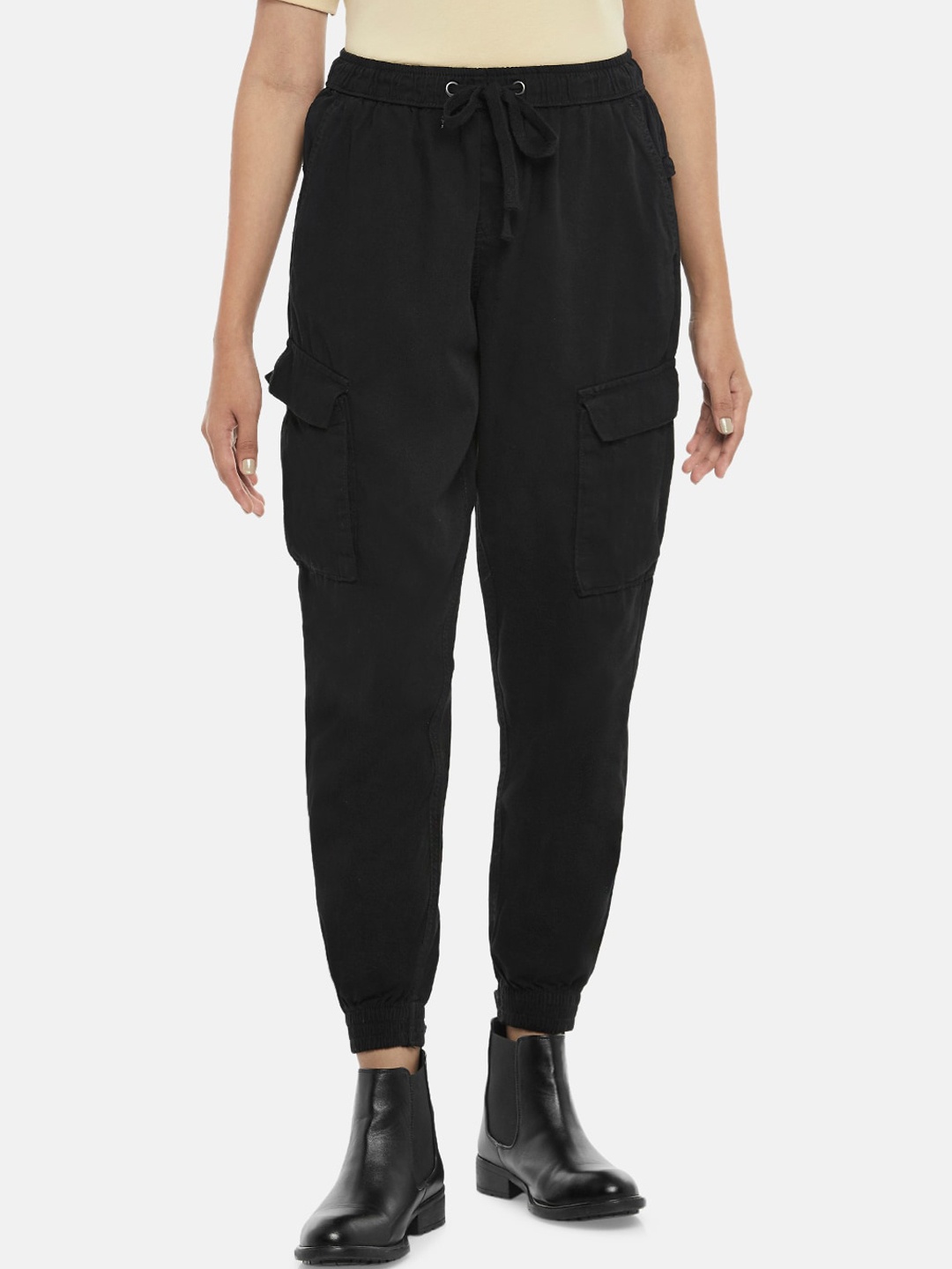 

SF JEANS by Pantaloons Women Black Solid Cotton Jogger