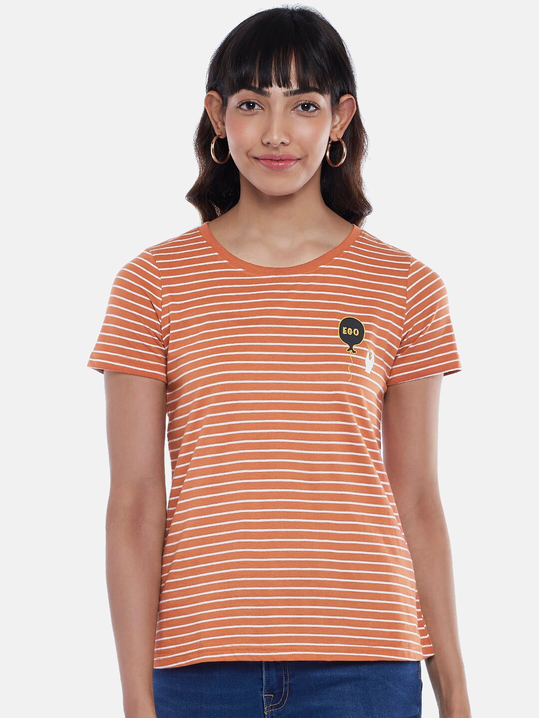 

Honey by Pantaloons Women Rust Striped Applique T-shirt