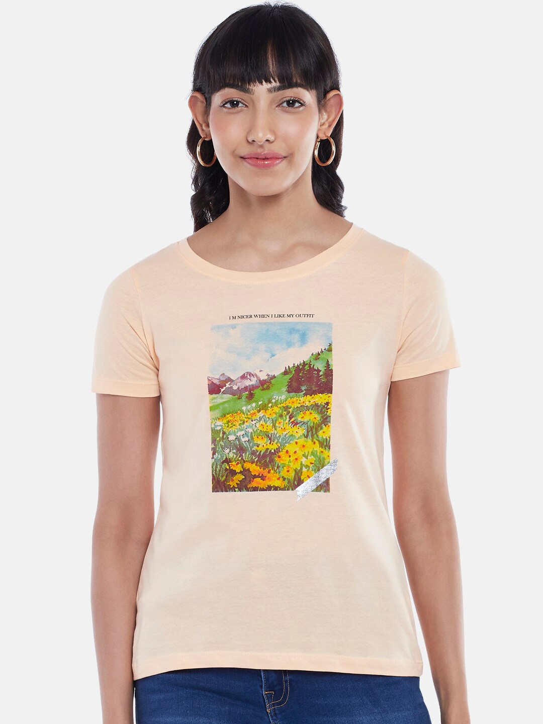 

Honey by Pantaloons Women Peach-Coloured Printed T-shirt