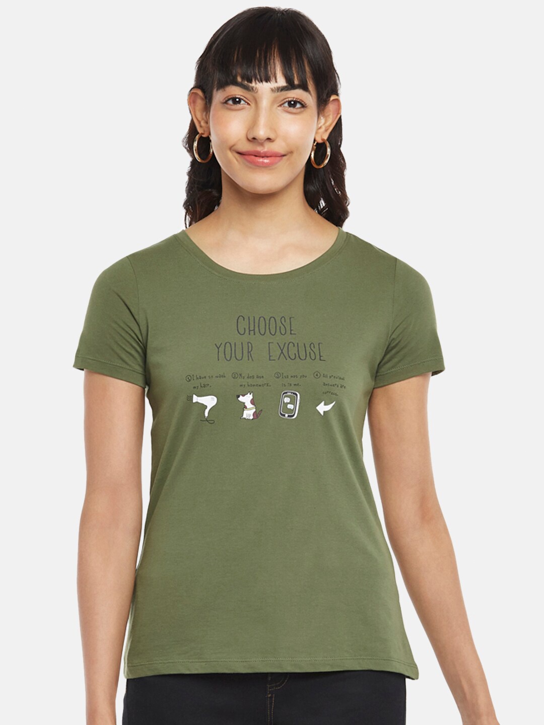 

Honey by Pantaloons Women Olive Green Typography Printed T-shirt