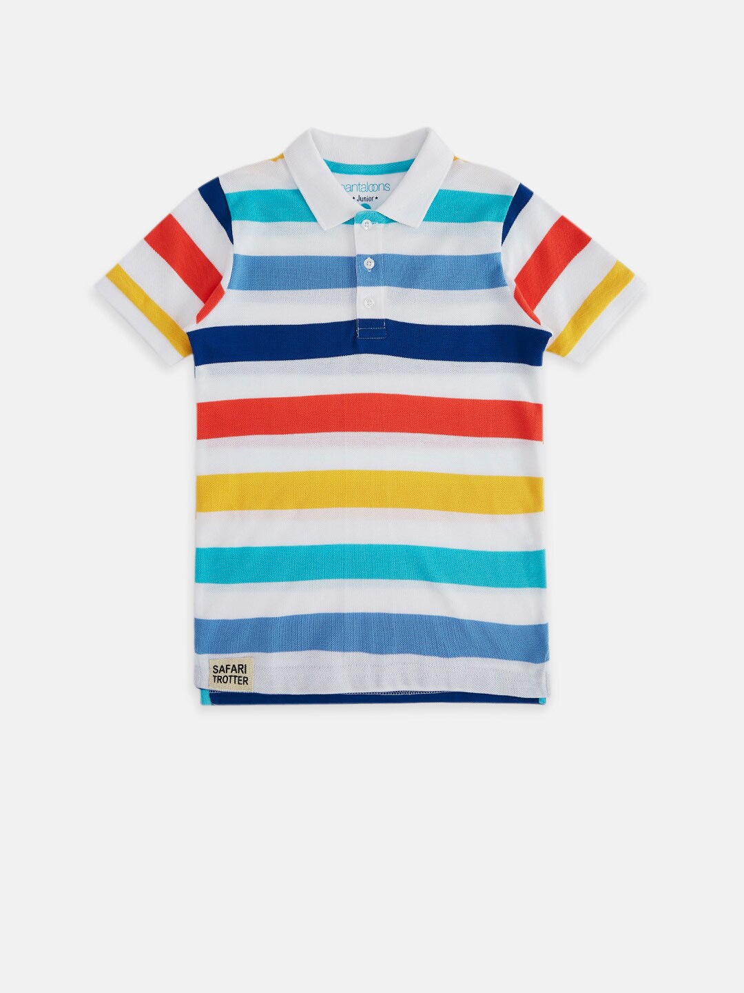 

Pantaloons Junior Boys White Striped Polo Collar Applique T-shirt