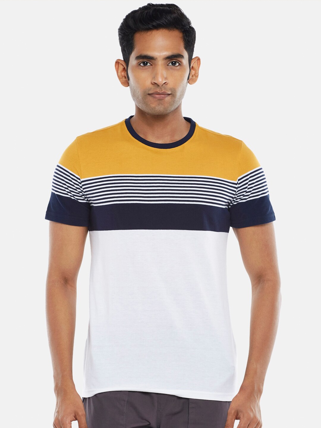 

Urban Ranger by pantaloons Men Mustard Yellow Striped Applique Slim Fit T-shirt