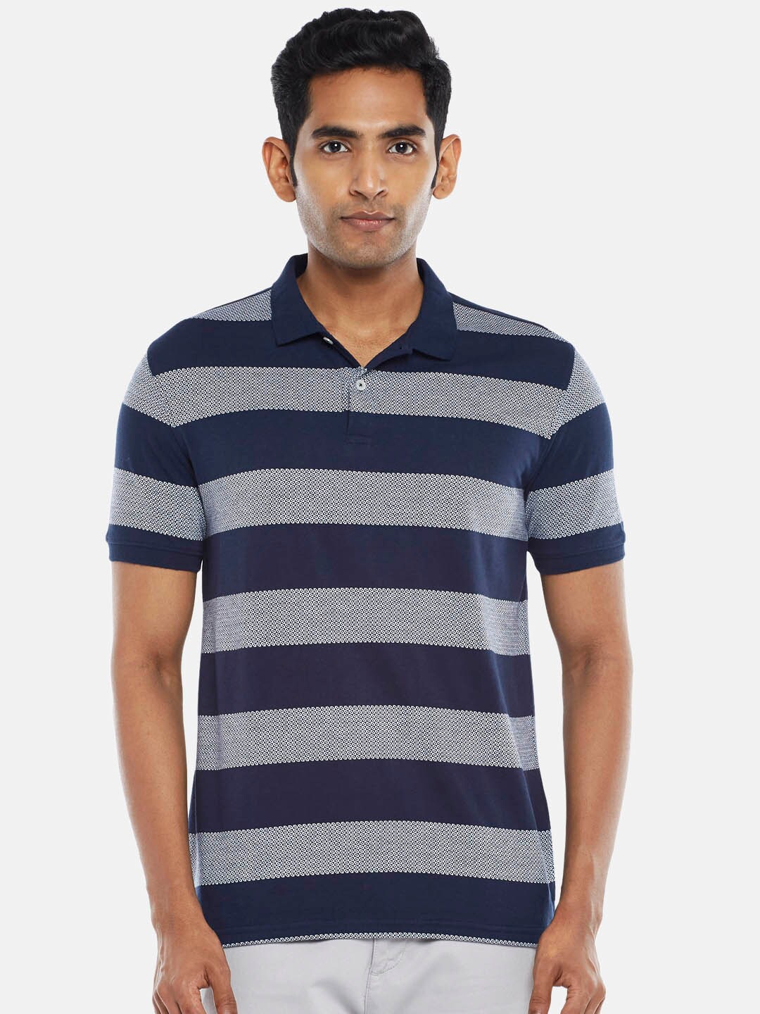 

BYFORD by Pantaloons Men Navy Blue Striped Polo Collar Slim Fit T-shirt