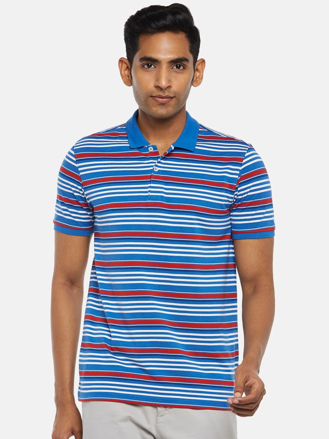 

BYFORD by Pantaloons Men Blue Striped Polo Collar Slim Fit T-shirt