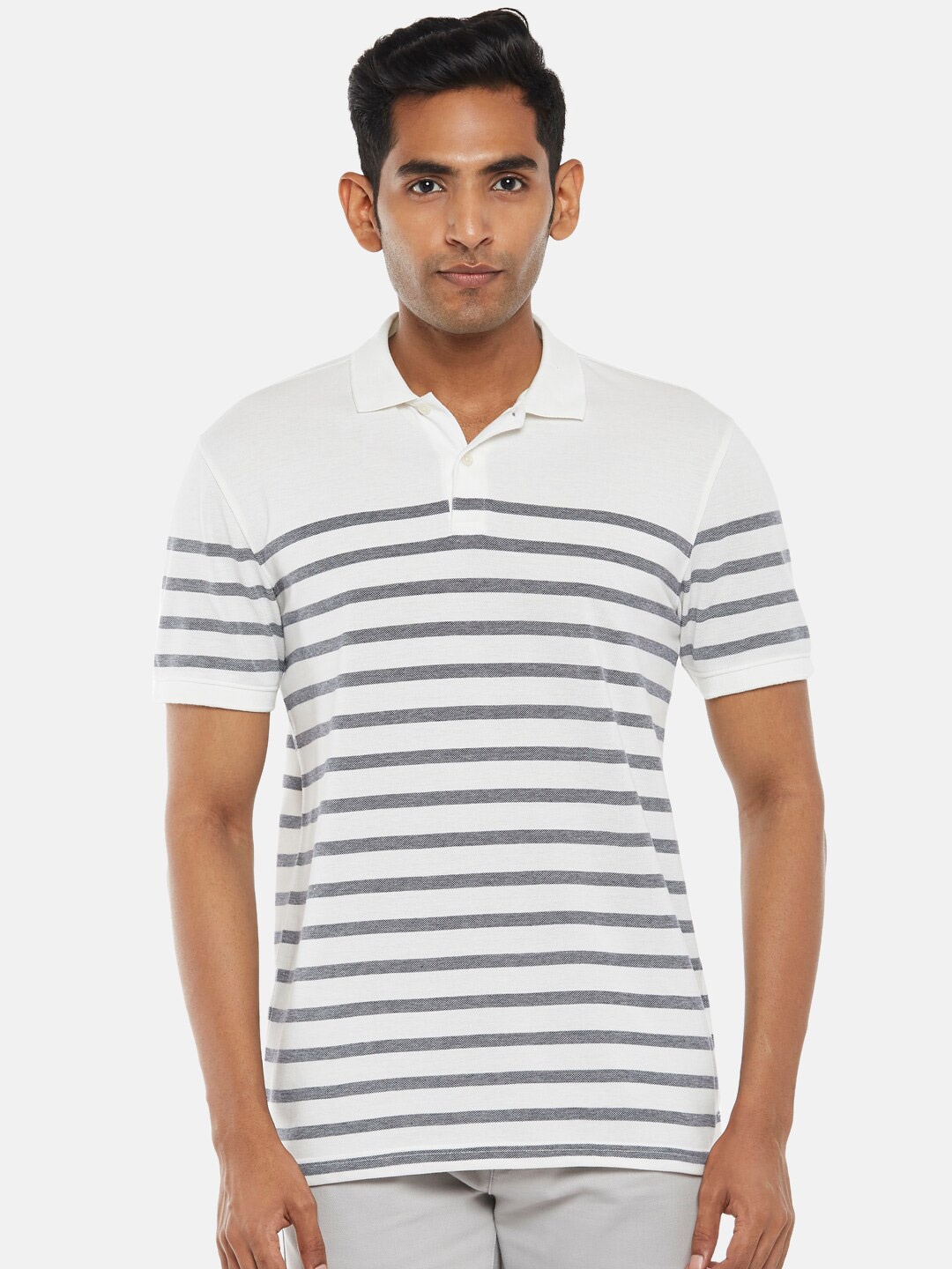 

BYFORD by Pantaloons Men White Striped Polo Collar Slim Fit T-shirt
