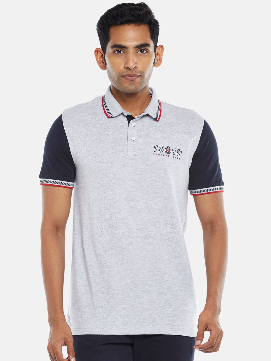 

BYFORD by Pantaloons Men Grey Melange Colourblocked Polo Collar Applique Slim Fit T-shirt