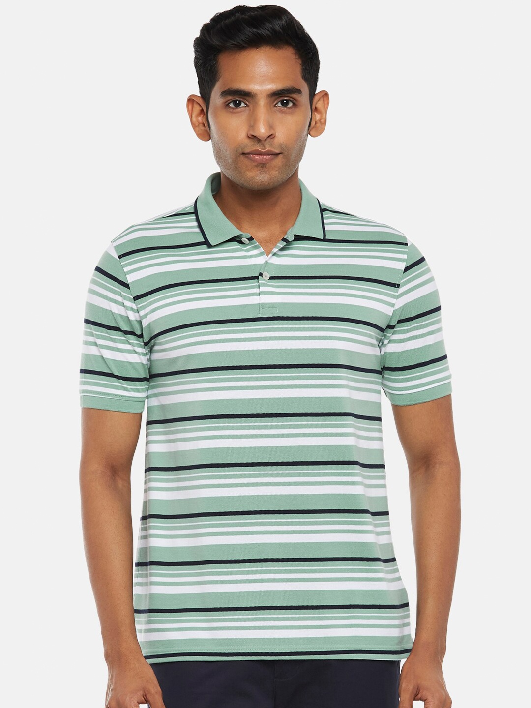 

BYFORD by Pantaloons Men Green Striped Polo Collar Slim Fit T-shirt