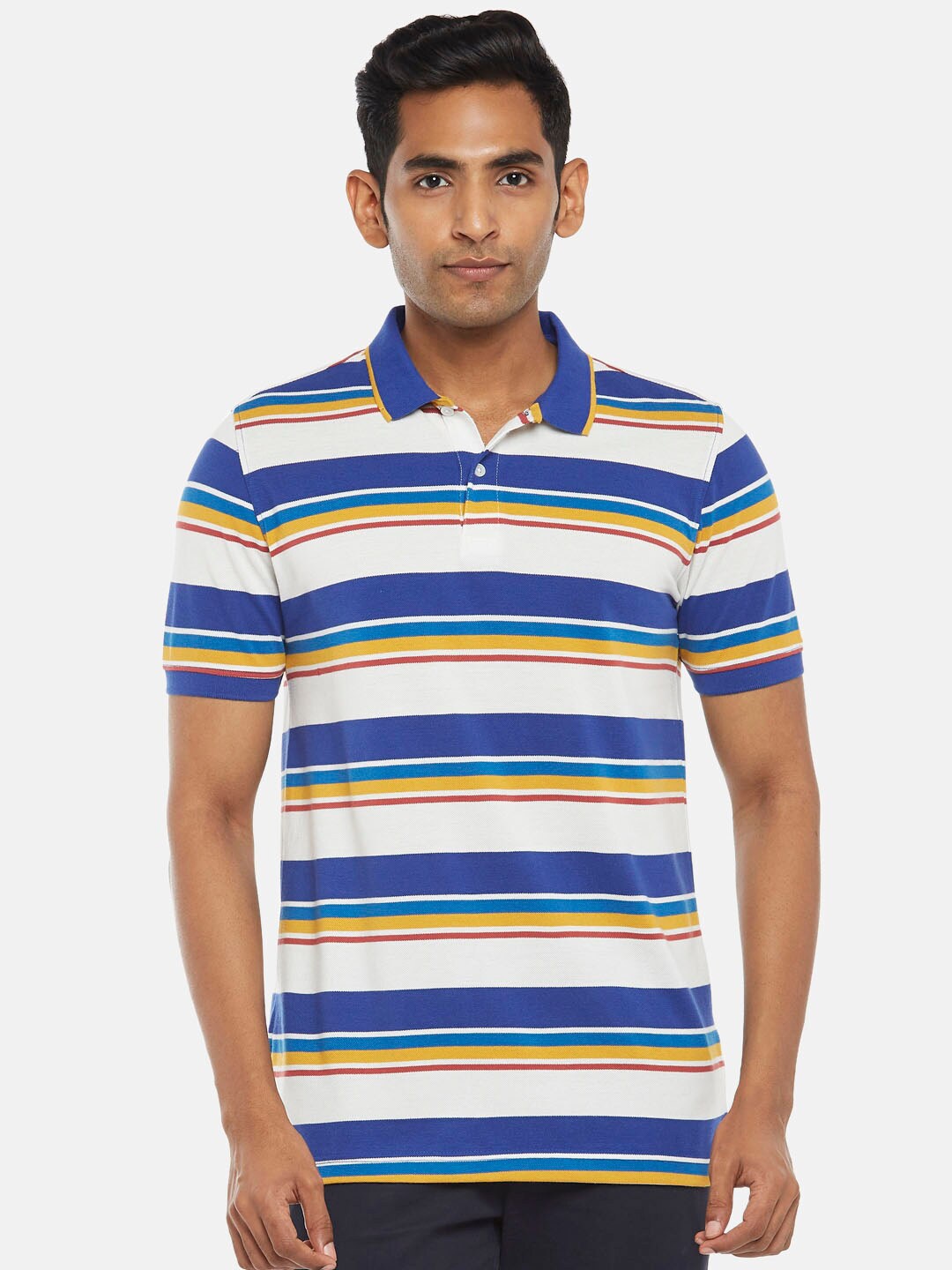 

BYFORD by Pantaloons Men Blue Striped Polo Collar Slim Fit T-shirt