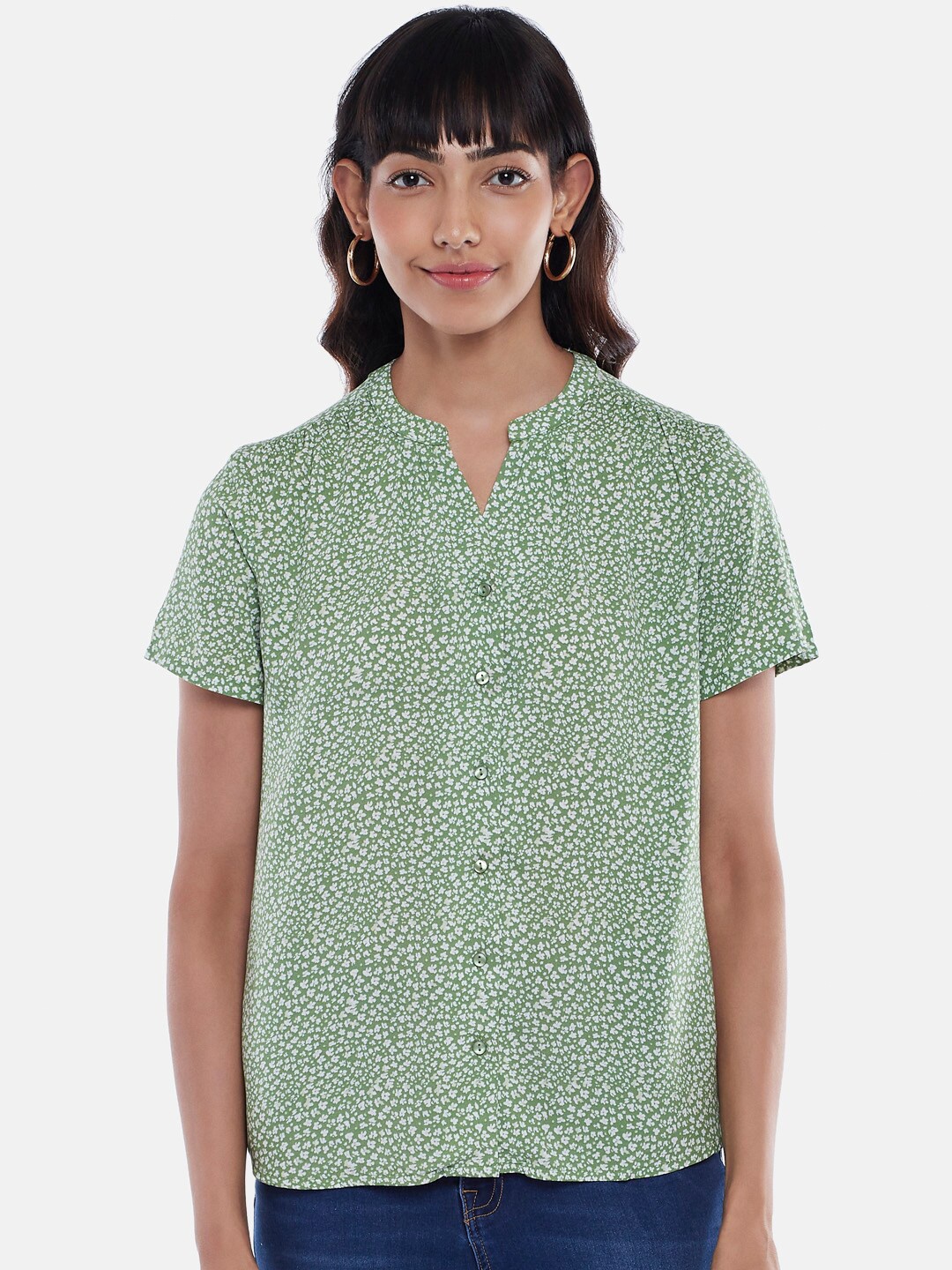 

Honey by Pantaloons Green & White Mandarin Collar Printed Tunic