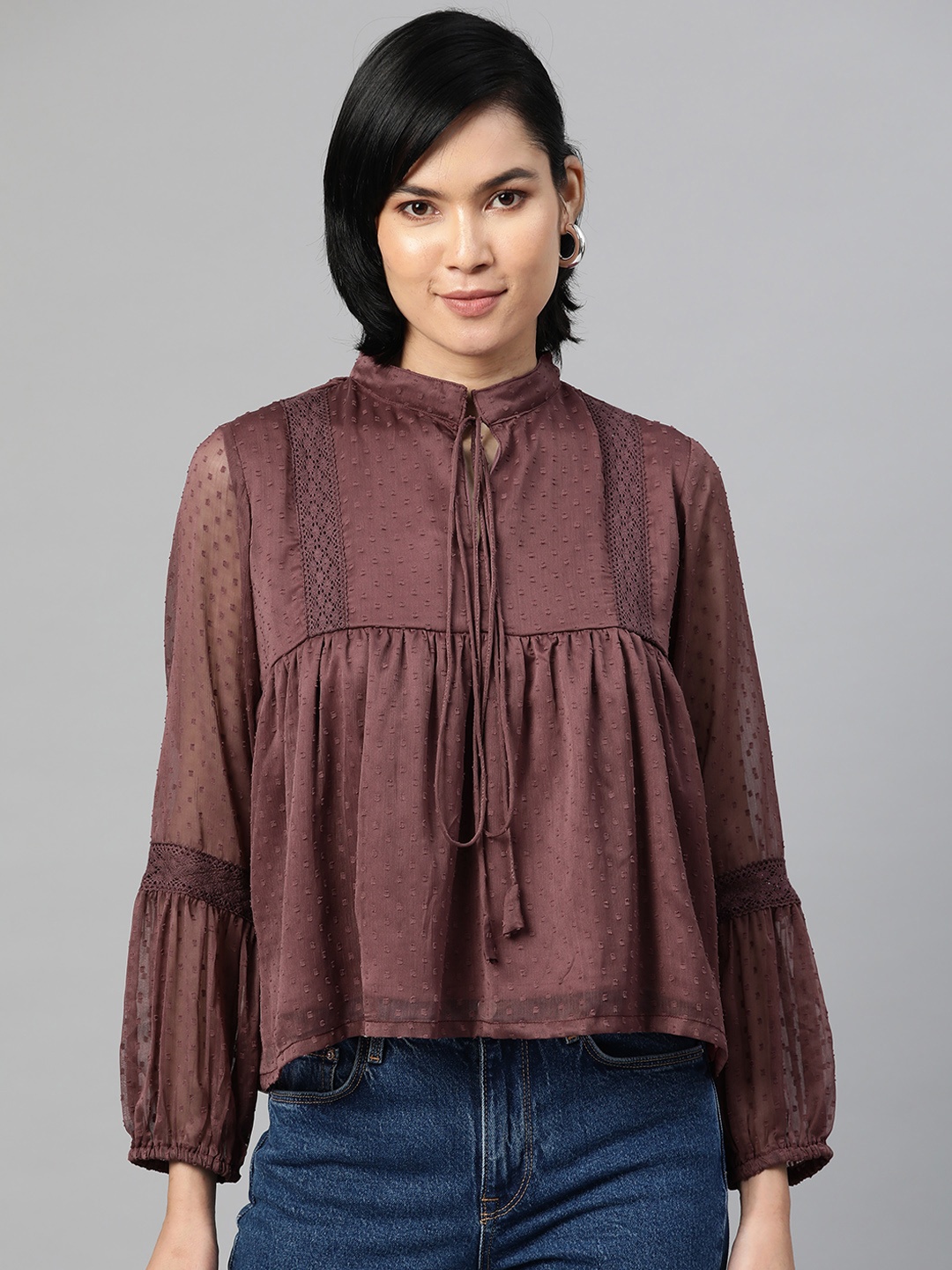 

plusS Mauve Self Design Tie-Up Neck Bishop Sleeves Georgette Top