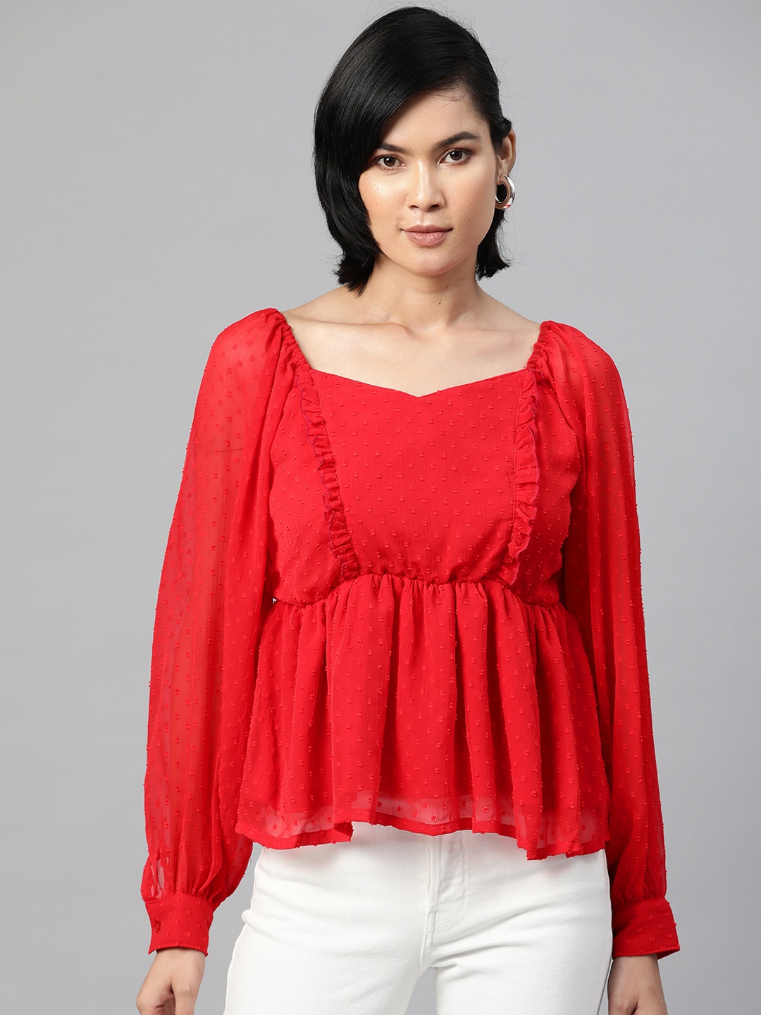 

plusS Red Sweetheart Neck Ruffles Cinched Waist Top