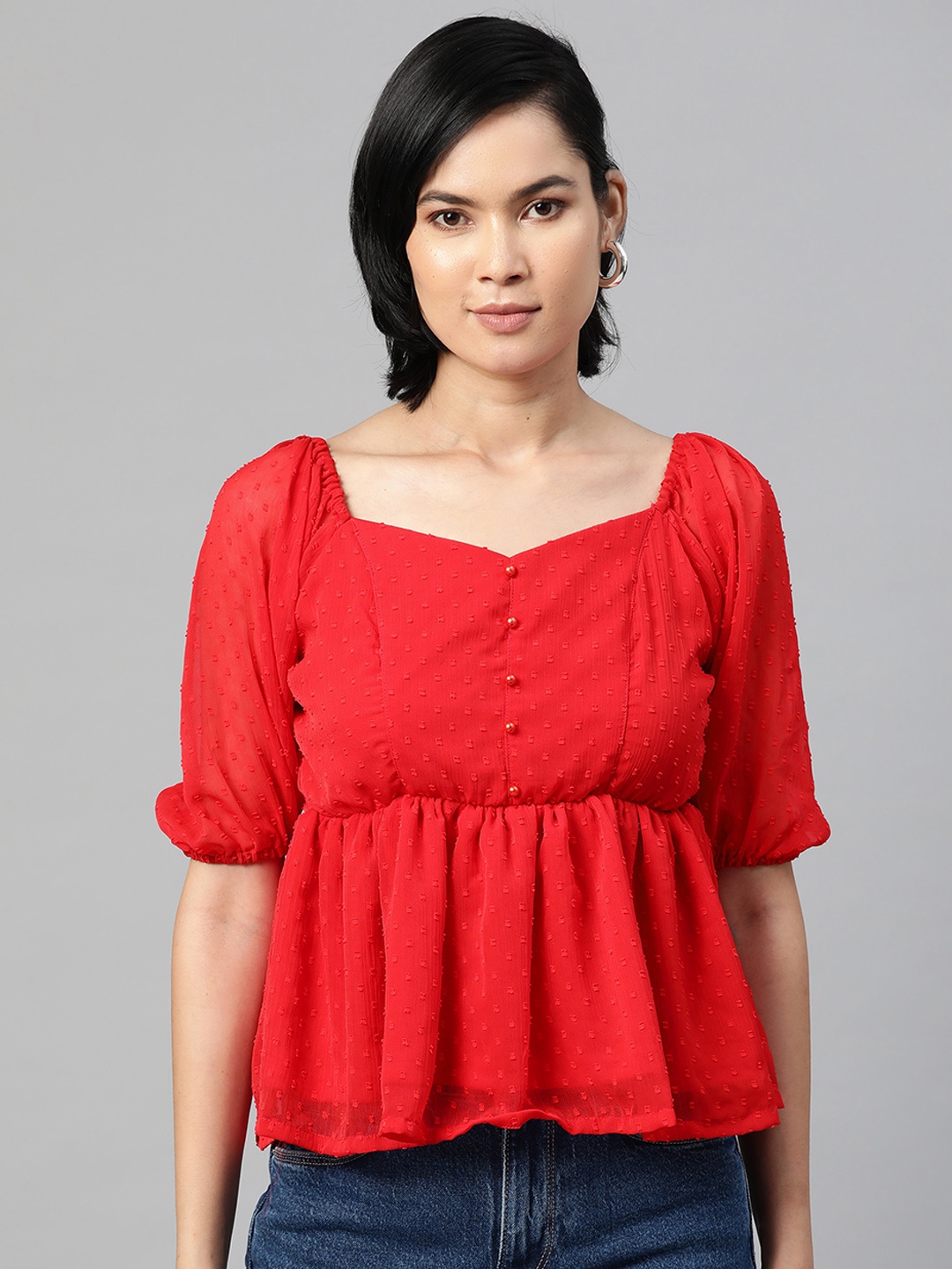 

plusS Red Self Design Sweetheart Neck Puff Sleeves Cinched Waist Top