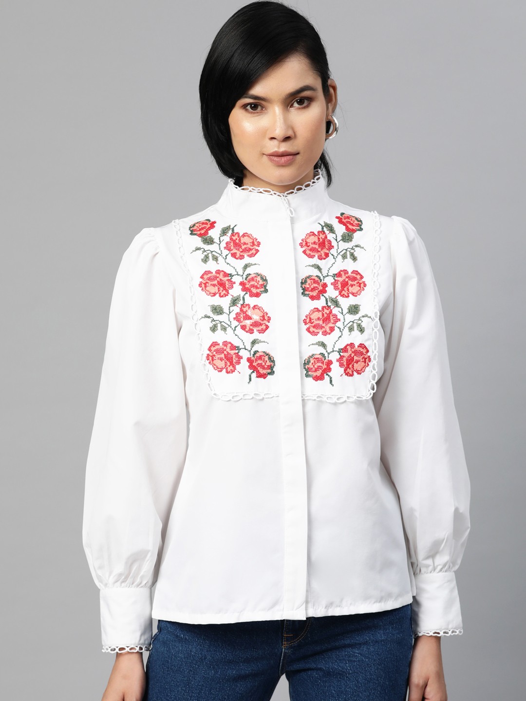 

plusS White & Red Floral Embroidered Mandarin Collar Shirt Style Top