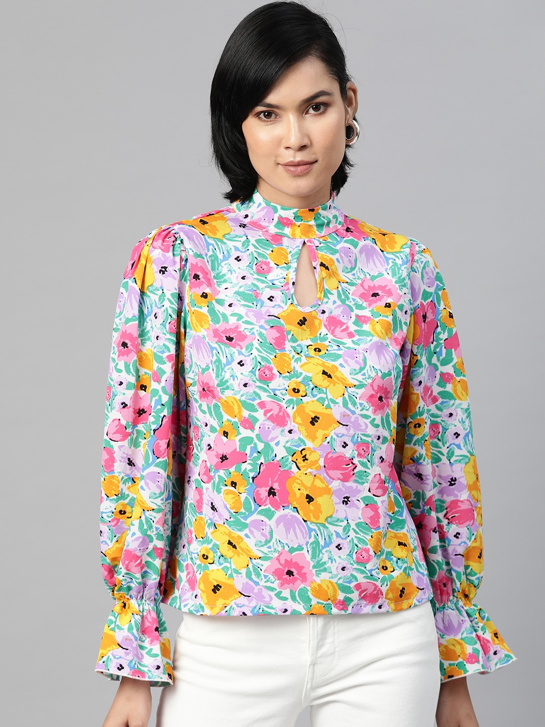 

plusS Multicoloured Floral Print Bell Sleeves Keyhole Neck Top, Multi