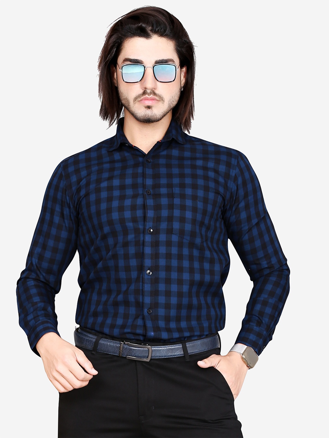 

5TH ANFOLD Men Navy Blue Slim Fit Checked Formal Shirt