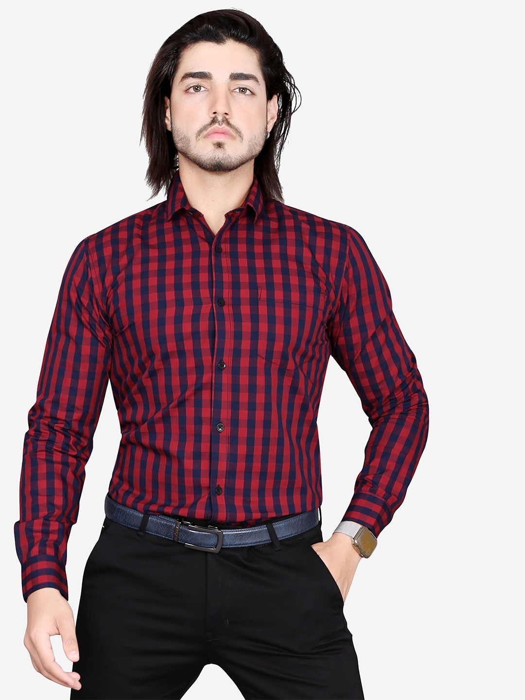 

5TH ANFOLD Men Red Slim Fit Buffalo Checks Checked Formal Shirt