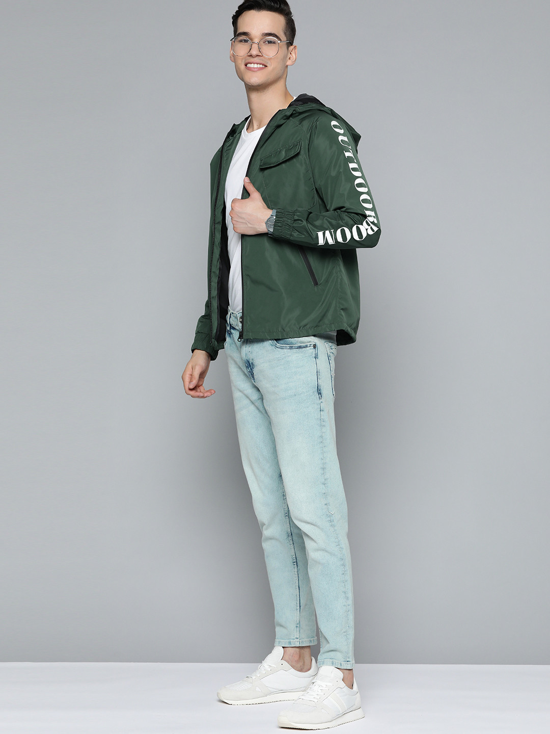 

Mast & Harbour Men Green Typography Hooded Jacket