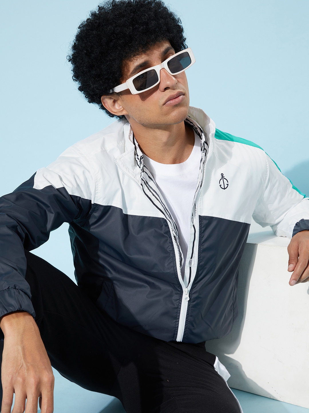 

Mast & Harbour Men White Navy Blue Colourblocked Bomber Jacket