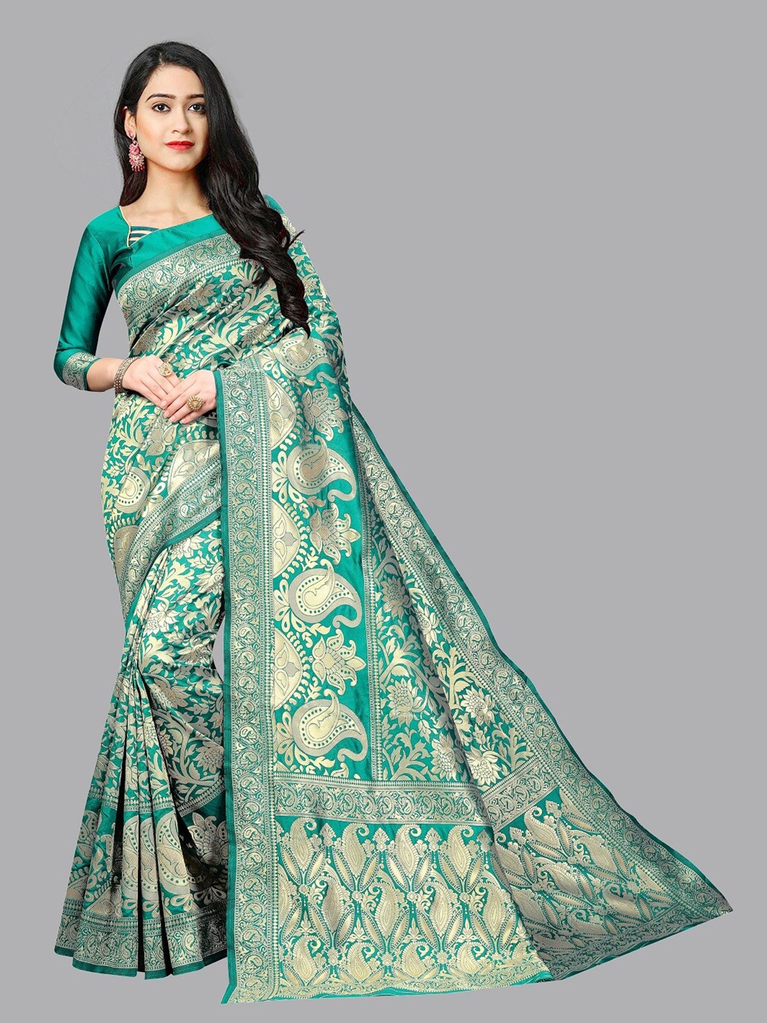

Shiroya Brothers Sea Green & Gold-Toned Woven Design Zari Silk Blend Banarasi Saree