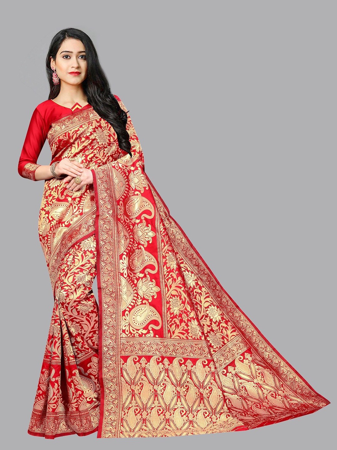 

Shiroya Brothers Red & Gold-Toned Woven Design Zari Silk Blend Banarasi Saree