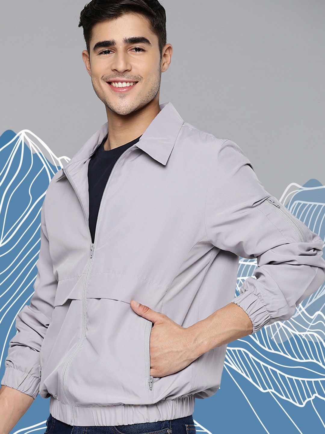 

Mast & Harbour Men Grey Solid Bomber Jacket