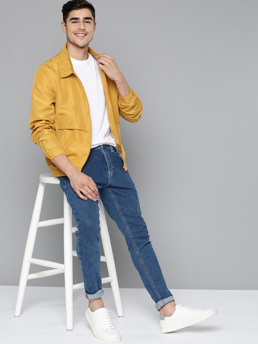 

Mast & Harbour Men Mustard Yellow Solid Bomber Jacket