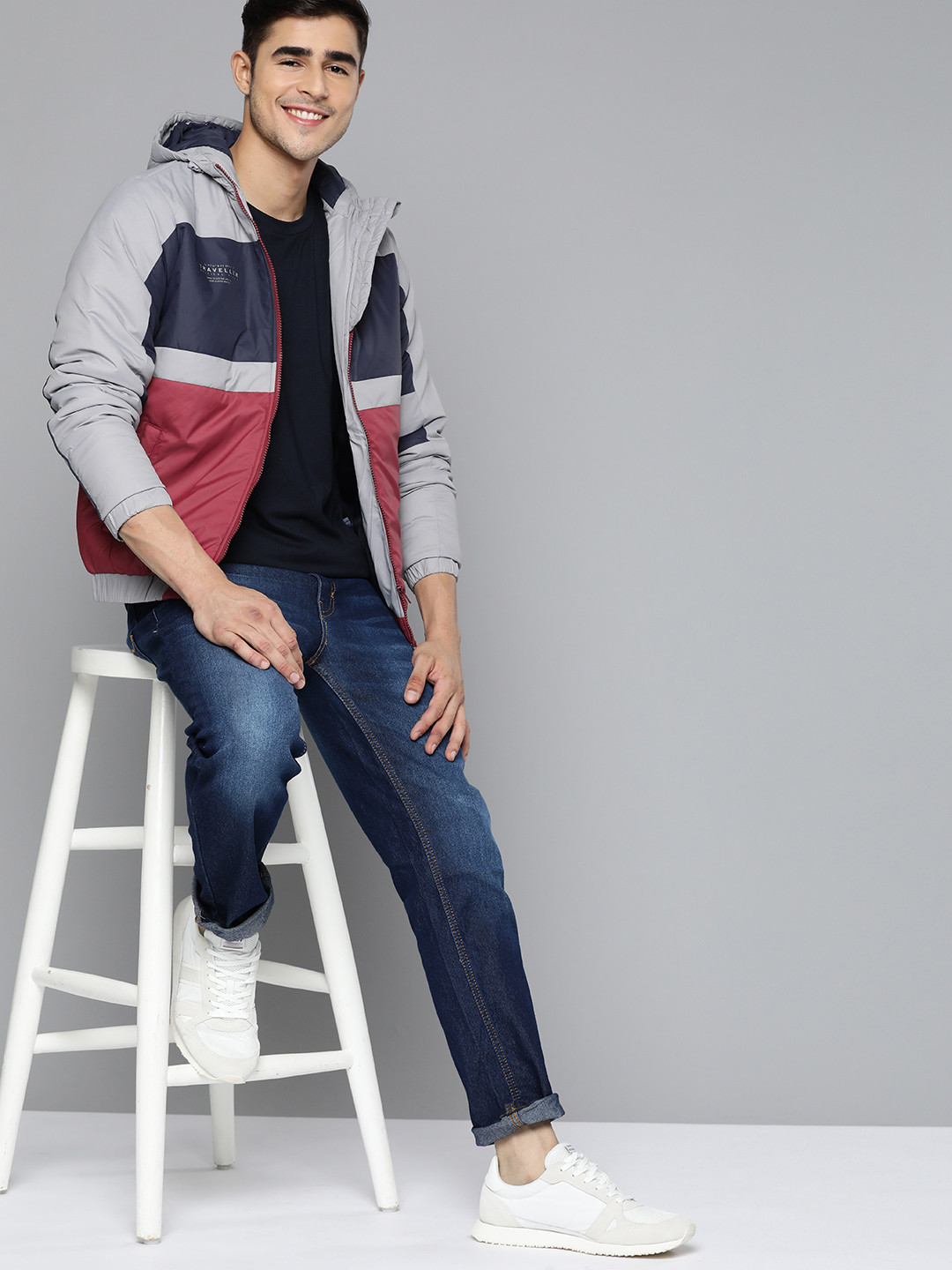 

Mast & Harbour Men Navy Blue & Maroon Hooded Colourblocked Padded Jacket