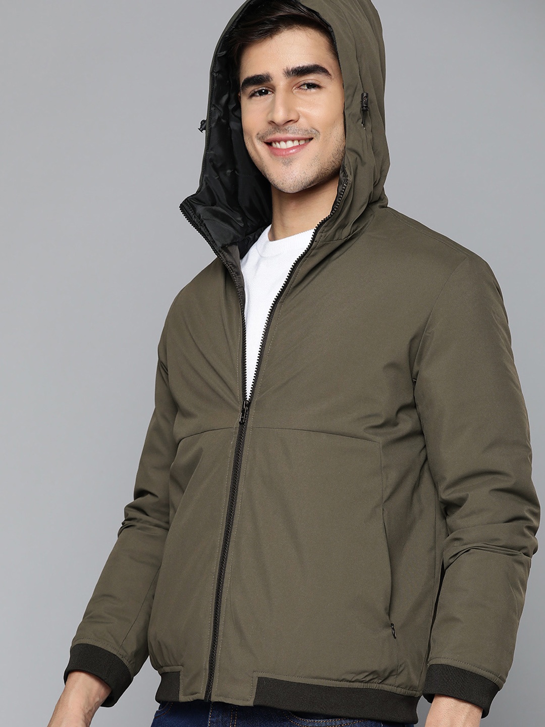 

Mast & Harbour Men Olive Green Solid Hooded Padded Jacket