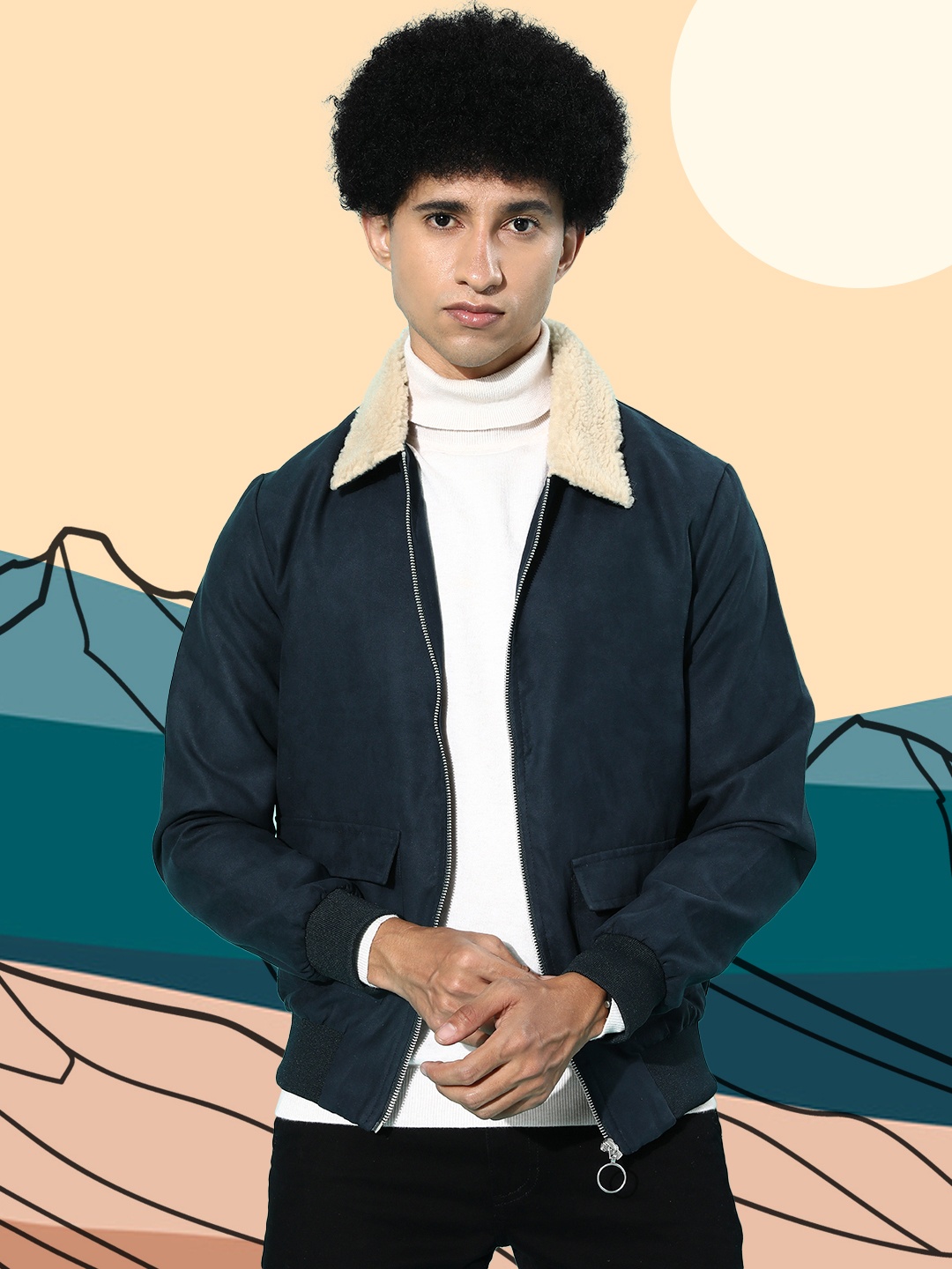 

Mast & Harbour Men Navy Blue Solid Suede Bomber Jacket With Fur Collar